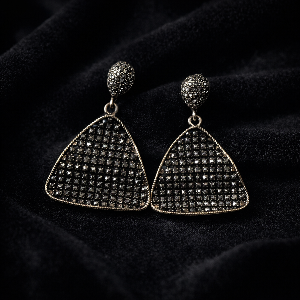 Oxidized Black Crystal Triangle Drop Earrings