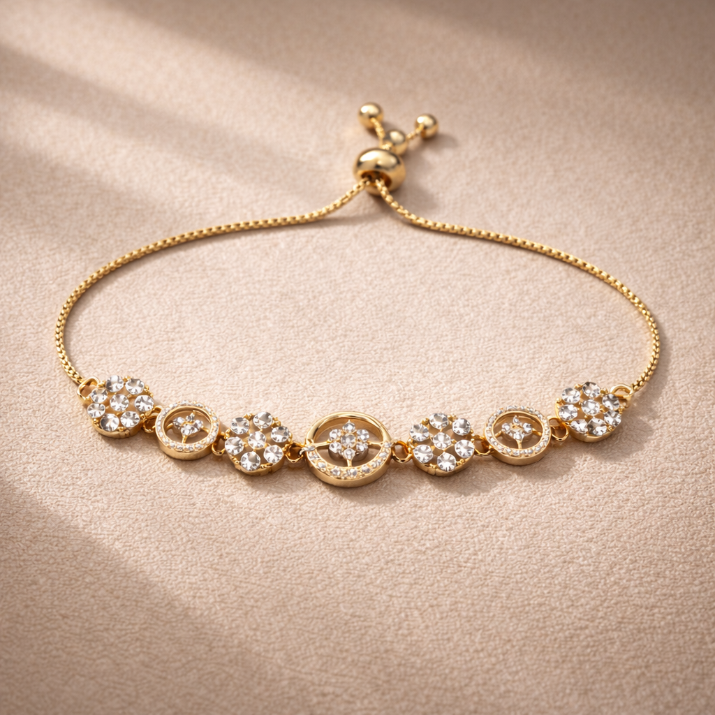 Gold Crystal Floral Charm Adjustable Bracelet