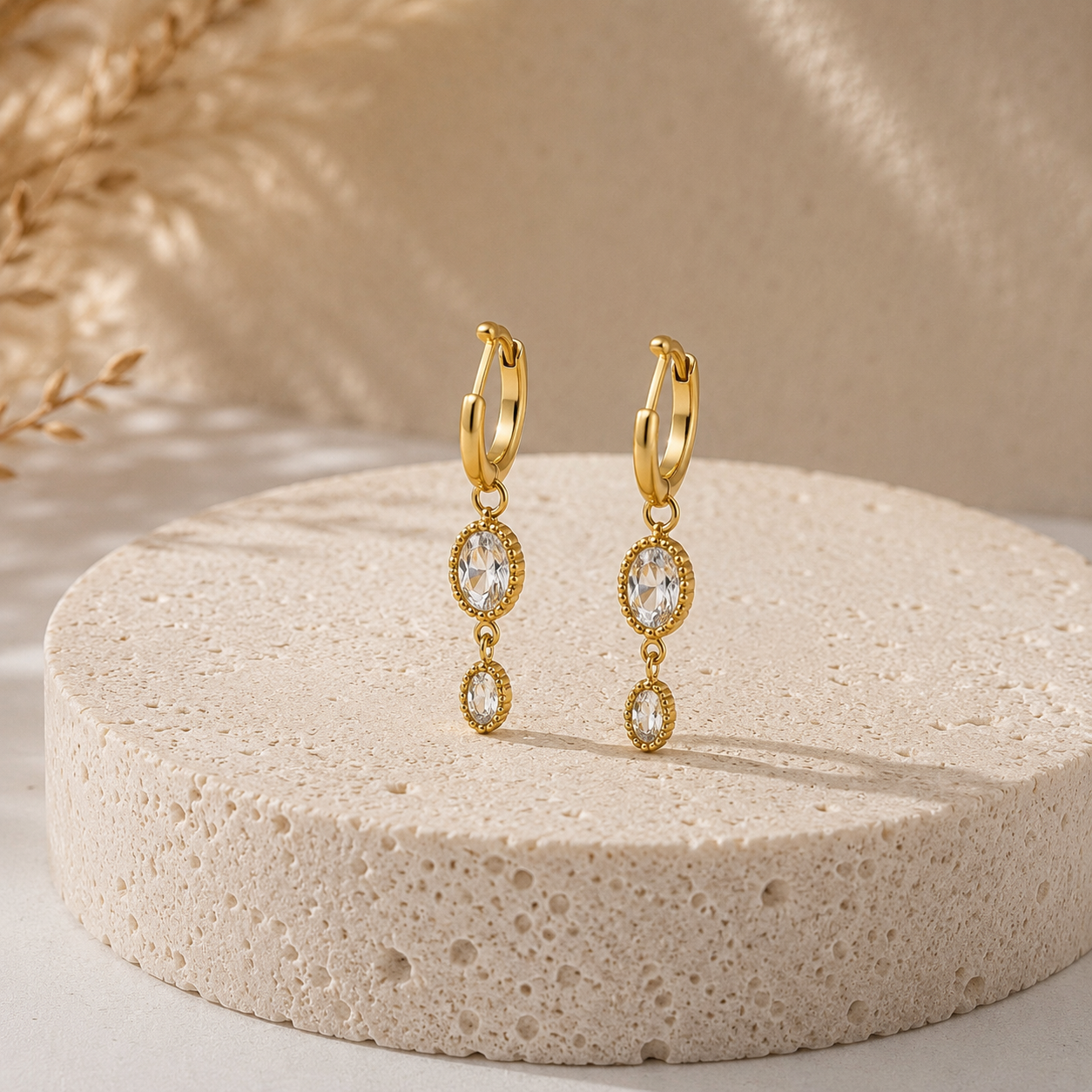 Gold Oval Crystal Drop Huggie Earrings