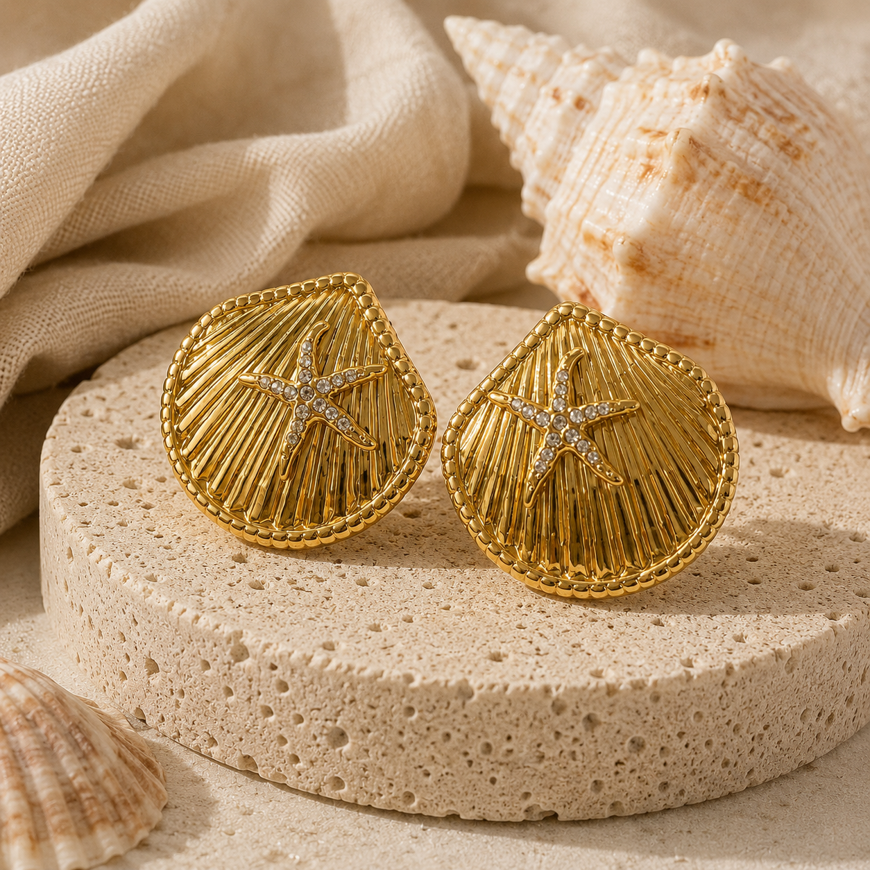 Gold Starfish Disc Statement Earrings