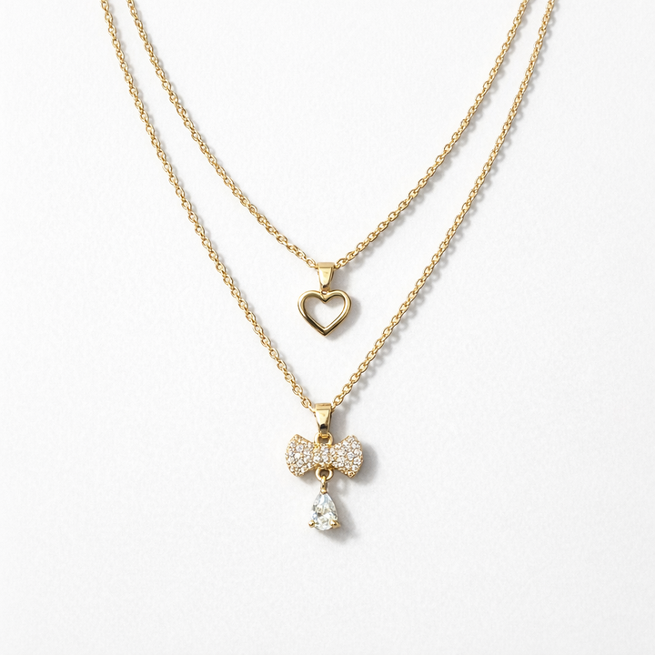 Layered Gold Heart & Bow Charm Necklace