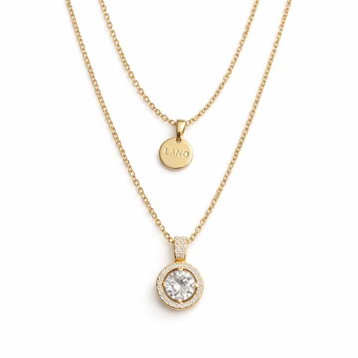 Gold Layered Halo Crystal Pendant Necklace