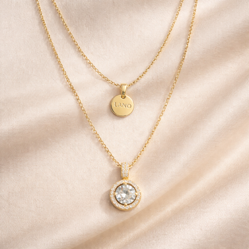 Gold Layered Halo Crystal Pendant Necklace