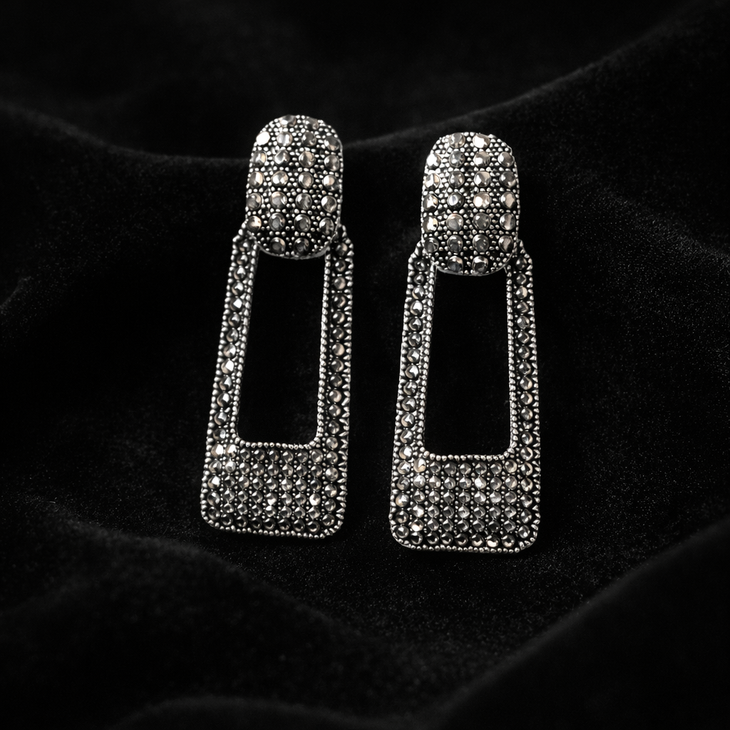 Silver Crystal Hollow Rectangle Earrings