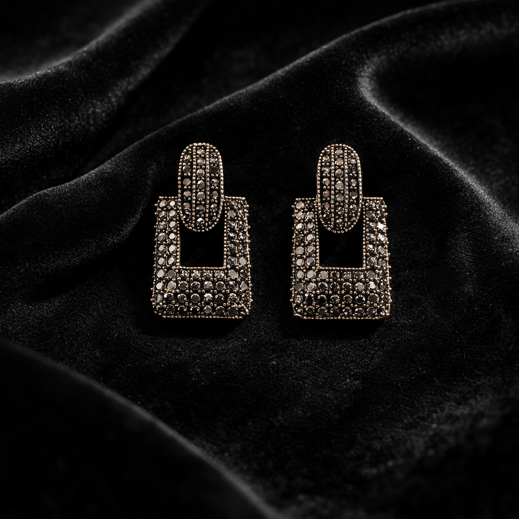 Oxidized Crystal Geometric Square Drop Earrings
