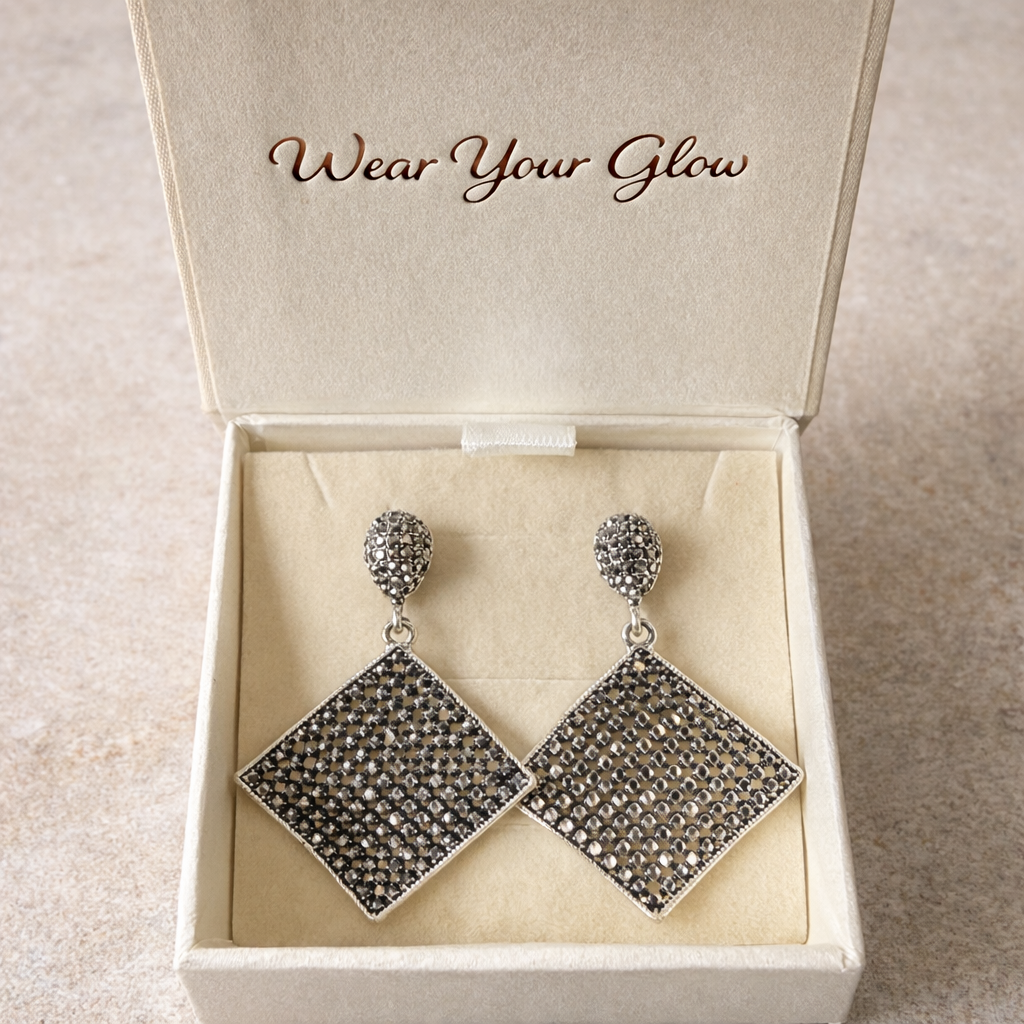 Vintage Marcasite Diamond Shape Drop Earrings