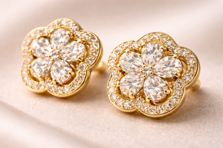 Gold Crystal Flower Stud Earrings