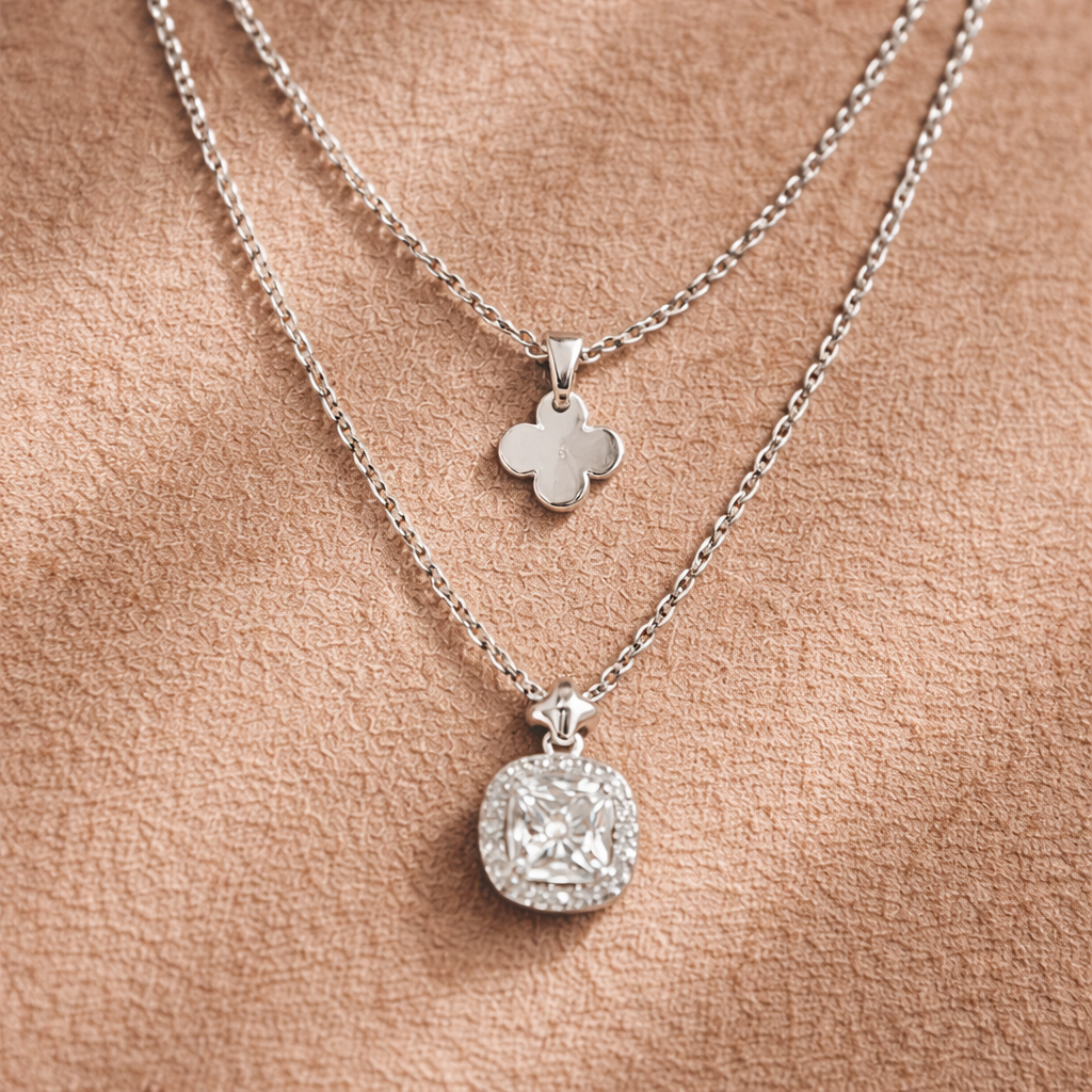 Silver Layered Clover & Crystal Pendant Necklace