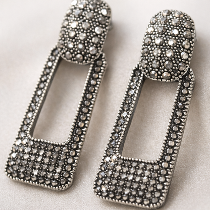 Silver Crystal Hollow Rectangle Earrings