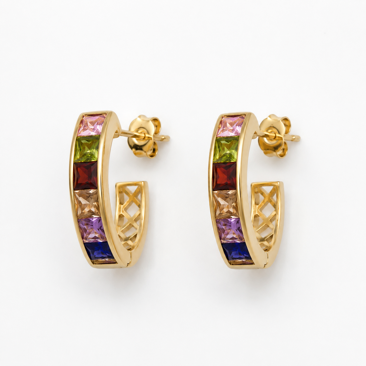 Gold Rainbow Crystal Hoop Earrings