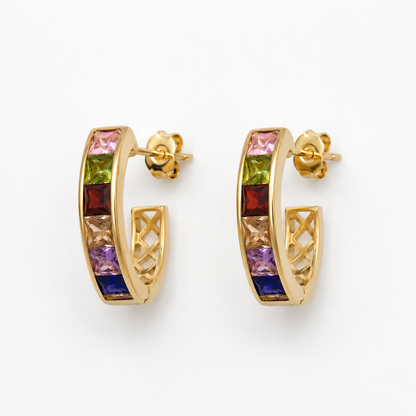 Gold Rainbow Crystal Hoop Earrings