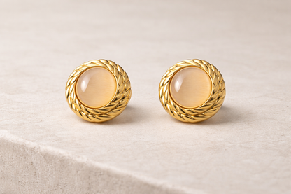Gold Round Stone Stud Earrings
