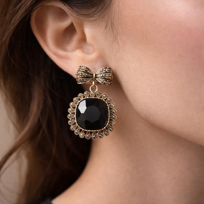 Black Crystal Bow Statement Drop Earrings