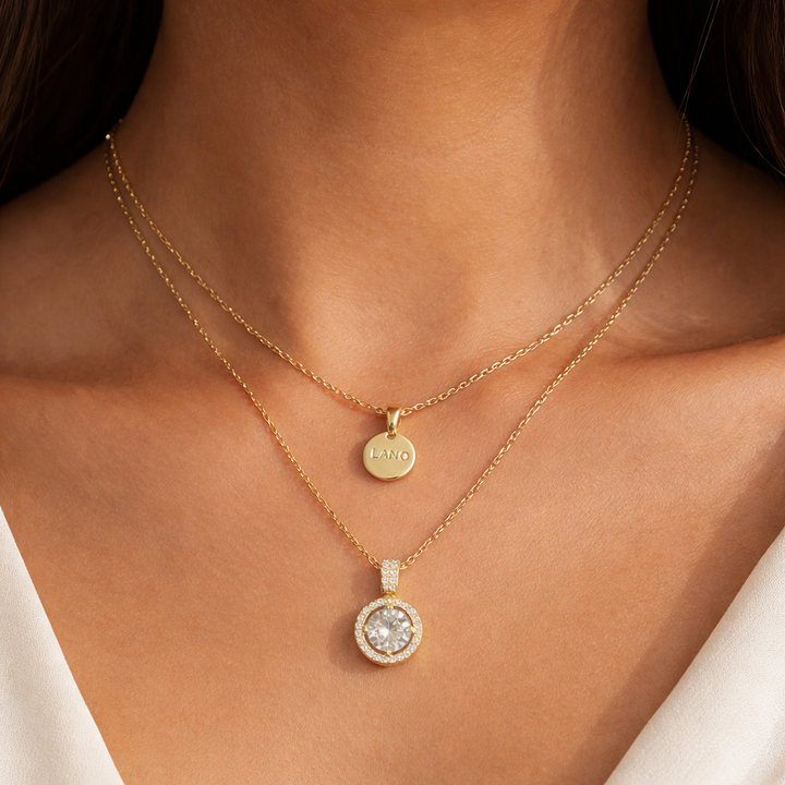 Gold Layered Halo Crystal Pendant Necklace