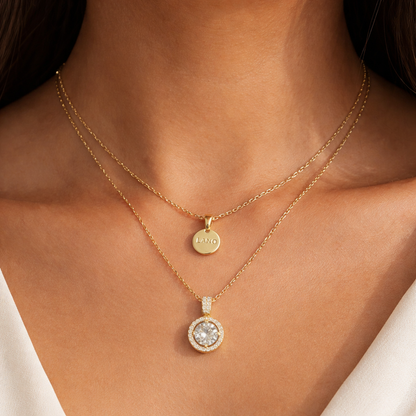 Gold Layered Halo Crystal Pendant Necklace