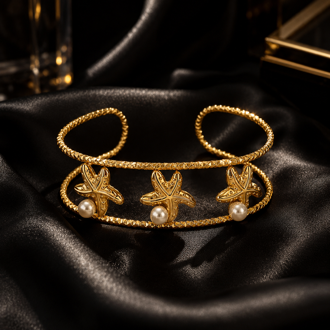 Pearl Starfish Gold Cuff Bracelet