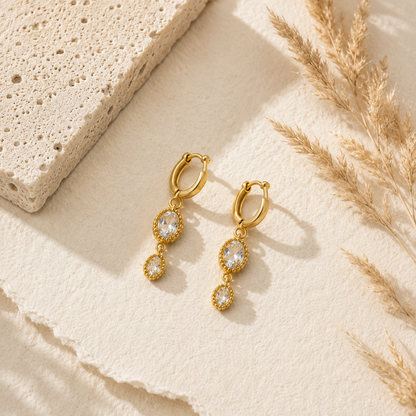 Gold Oval Crystal Drop Huggie Earrings