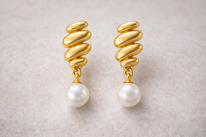 Gold Wing Pearl Drop Stud Earrings