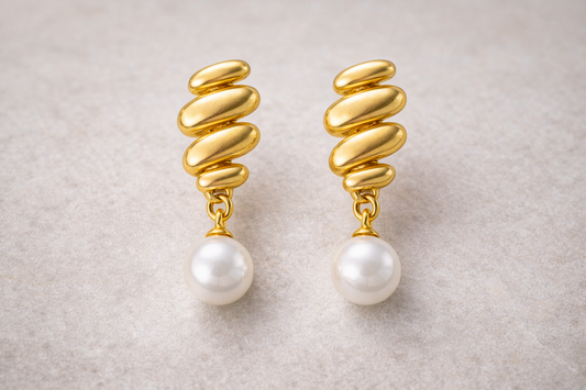 Gold Wing Pearl Drop Stud Earrings