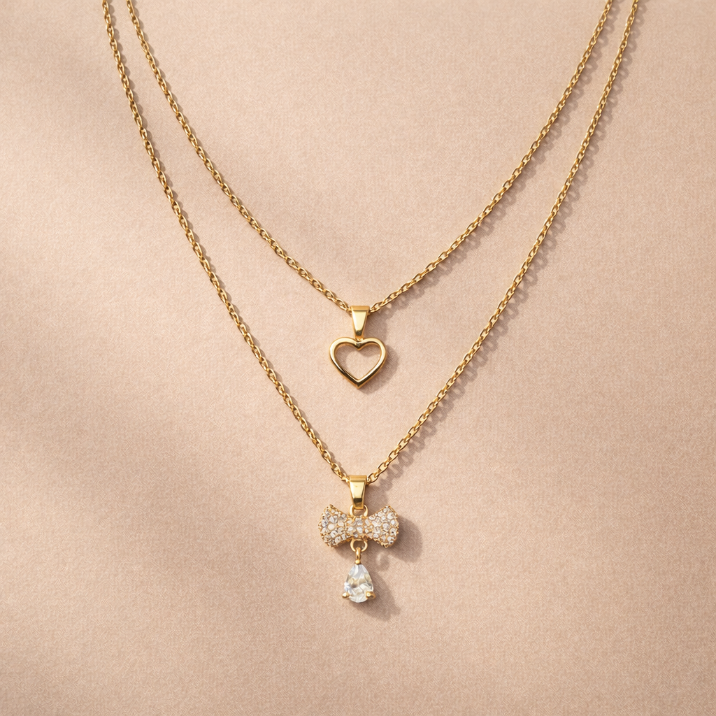 Layered Gold Heart & Bow Charm Necklace