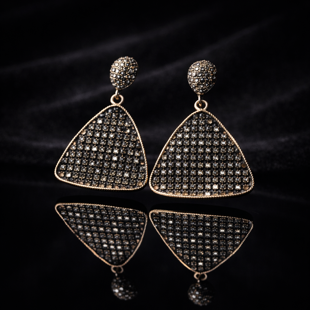 Oxidized Black Crystal Triangle Drop Earrings