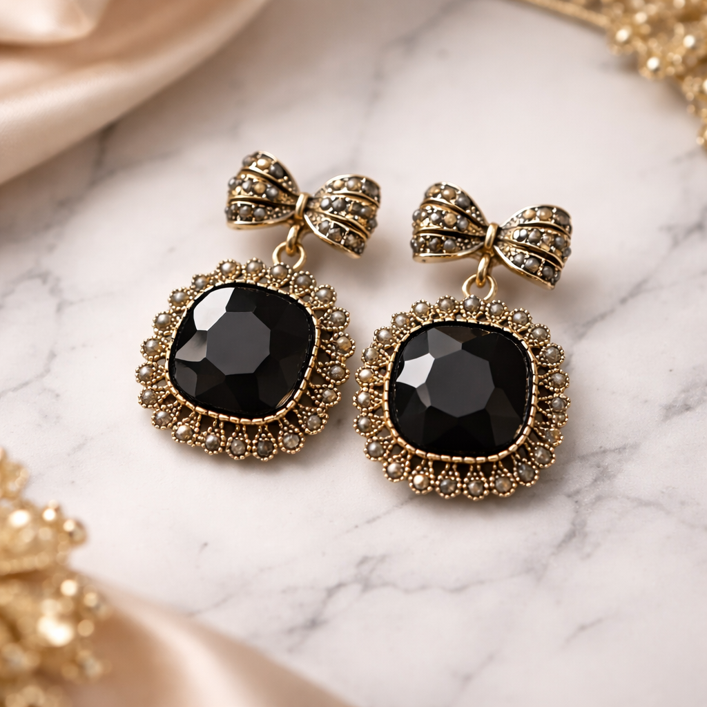 Black Crystal Bow Statement Drop Earrings