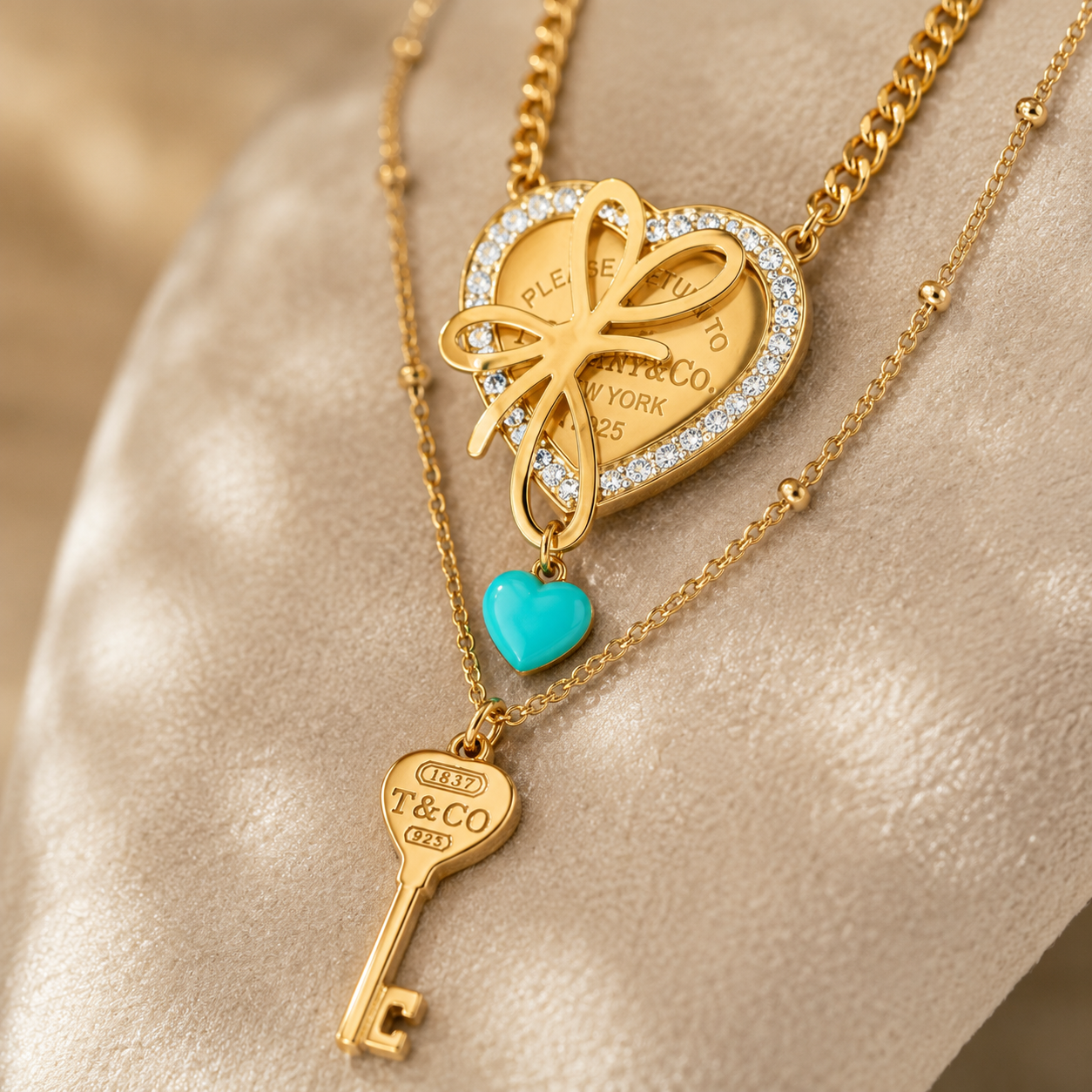 Gold Heart Charm Necklace with Key Pendant
