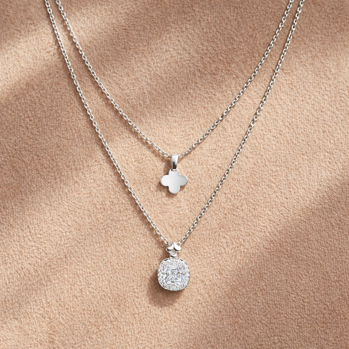 Silver Layered Clover & Crystal Pendant Necklace