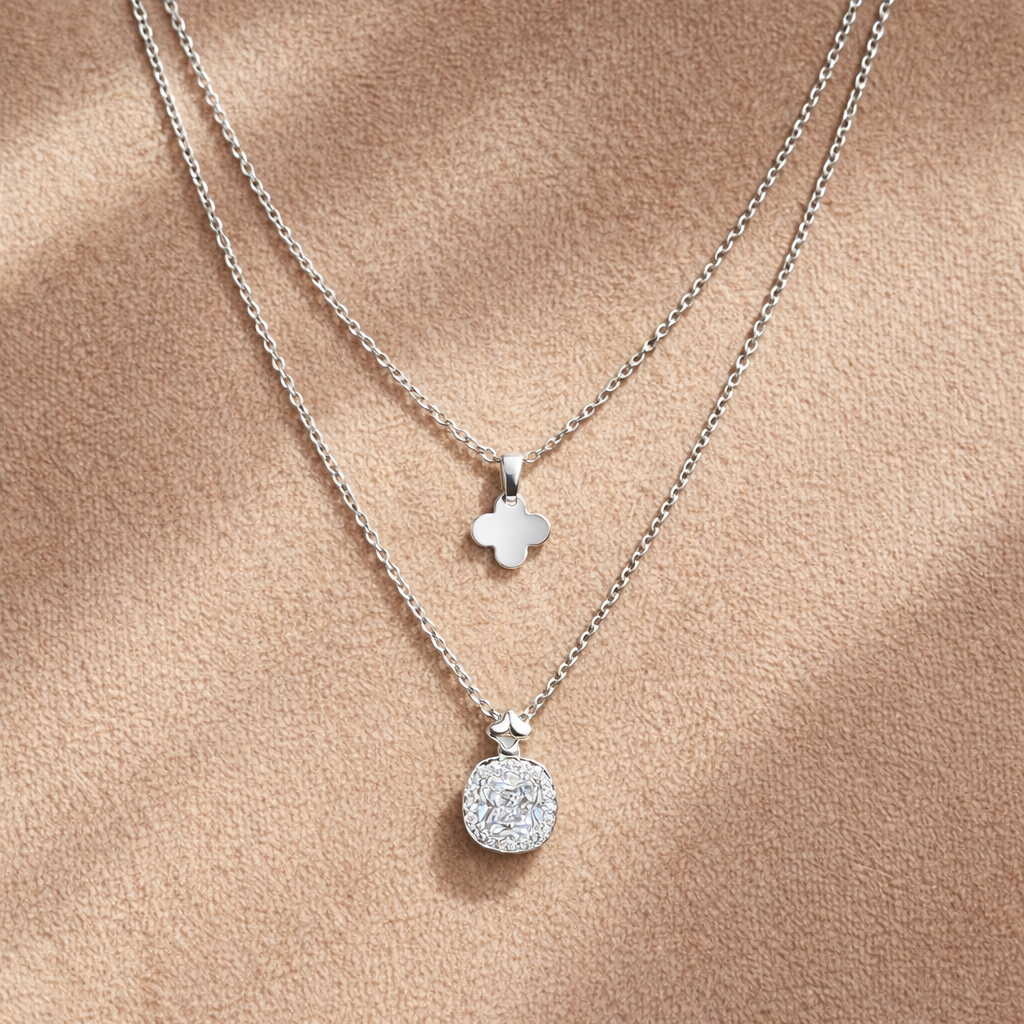 Silver Layered Clover & Crystal Pendant Necklace