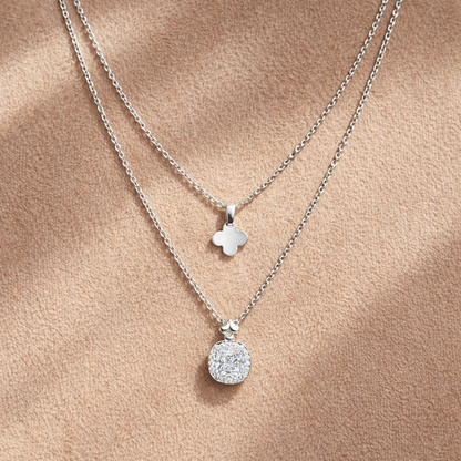 Silver Layered Clover & Crystal Pendant Necklace