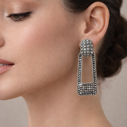 Silver Crystal Hollow Rectangle Earrings