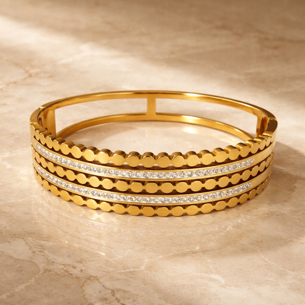 Triple Row Diamond Gold Cuff Bracelet
