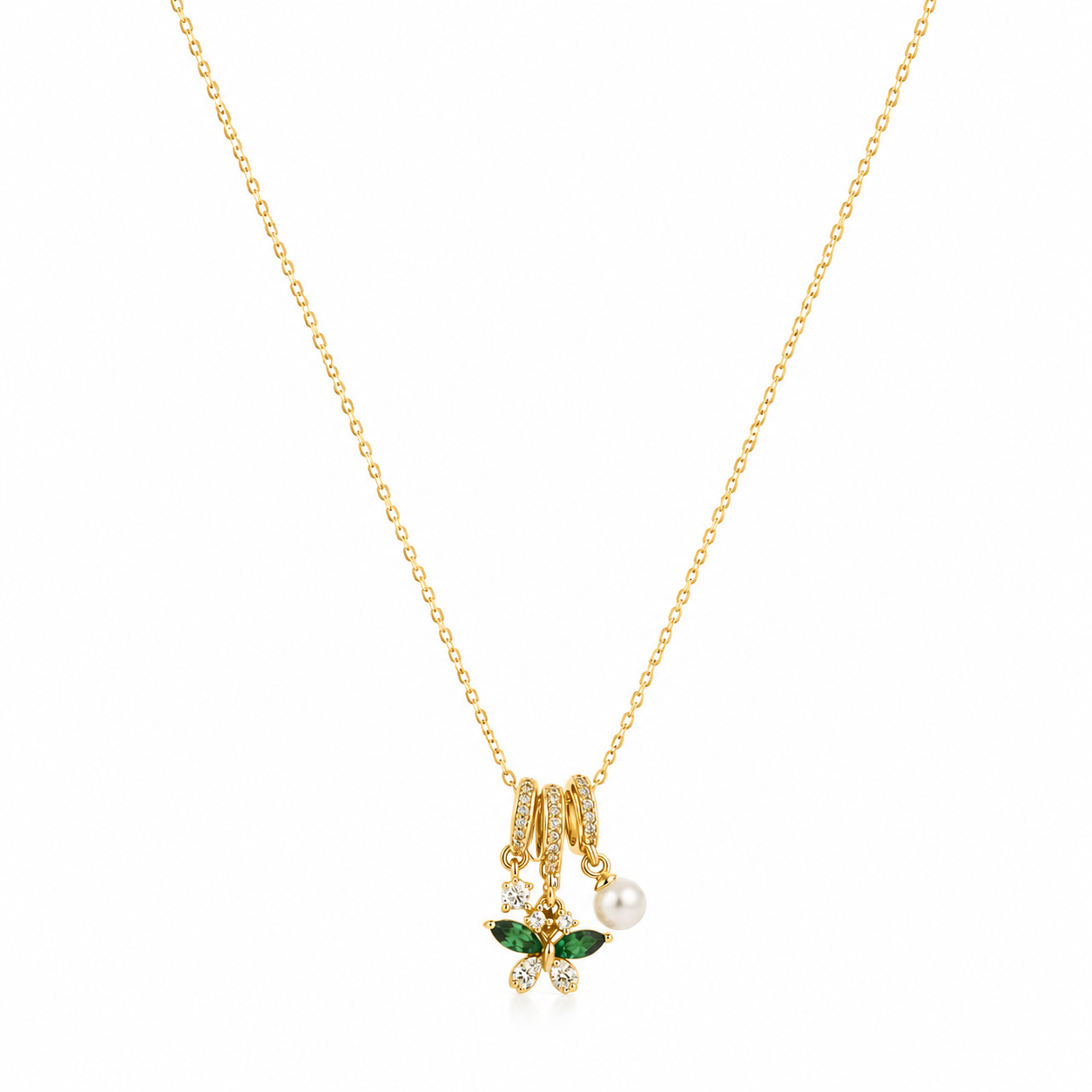 Gold Green Butterfly Charm Necklace