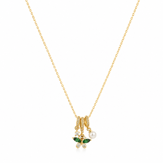 Gold Green Butterfly Charm Necklace