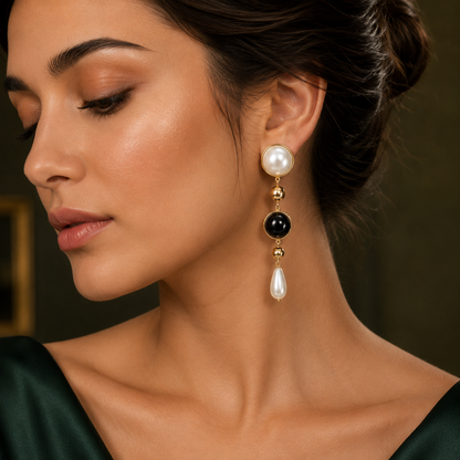 Pearl & Black Stone Drop Earrings