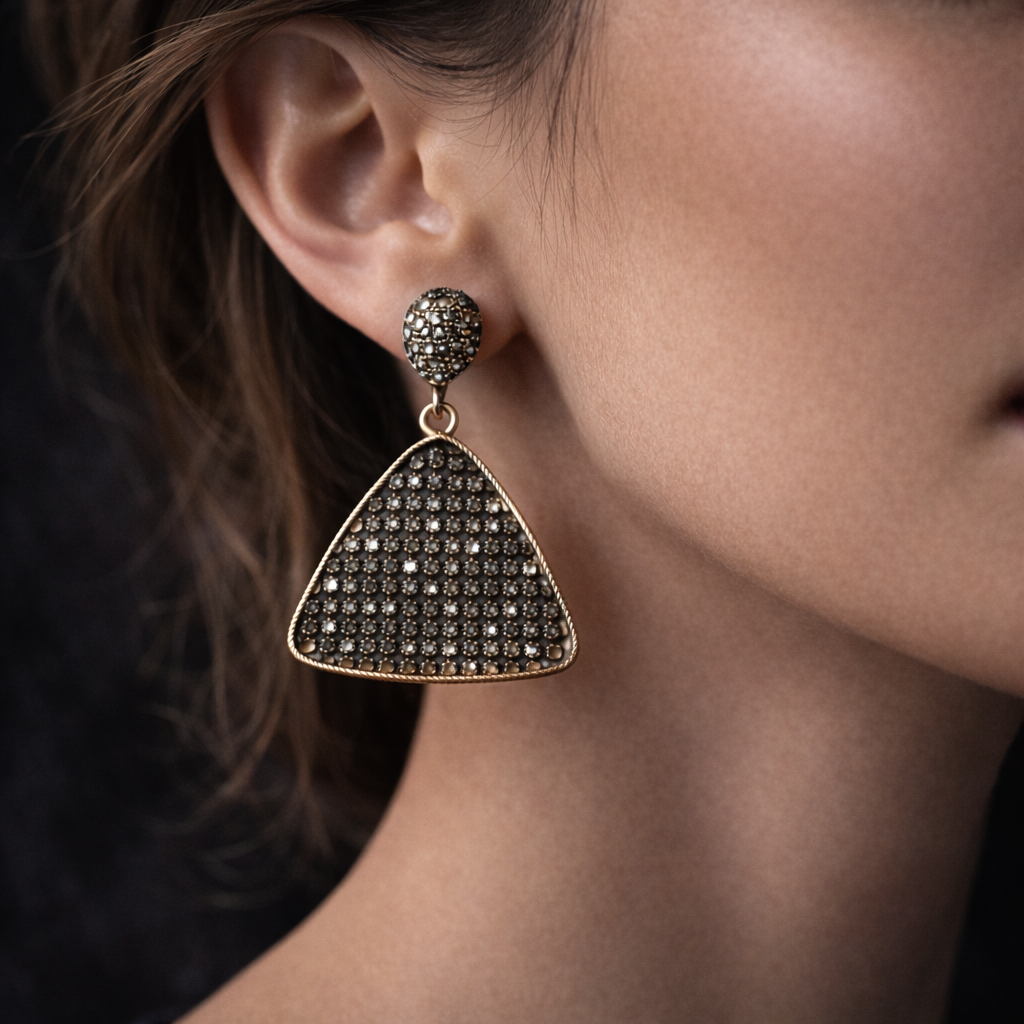 Oxidized Black Crystal Triangle Drop Earrings