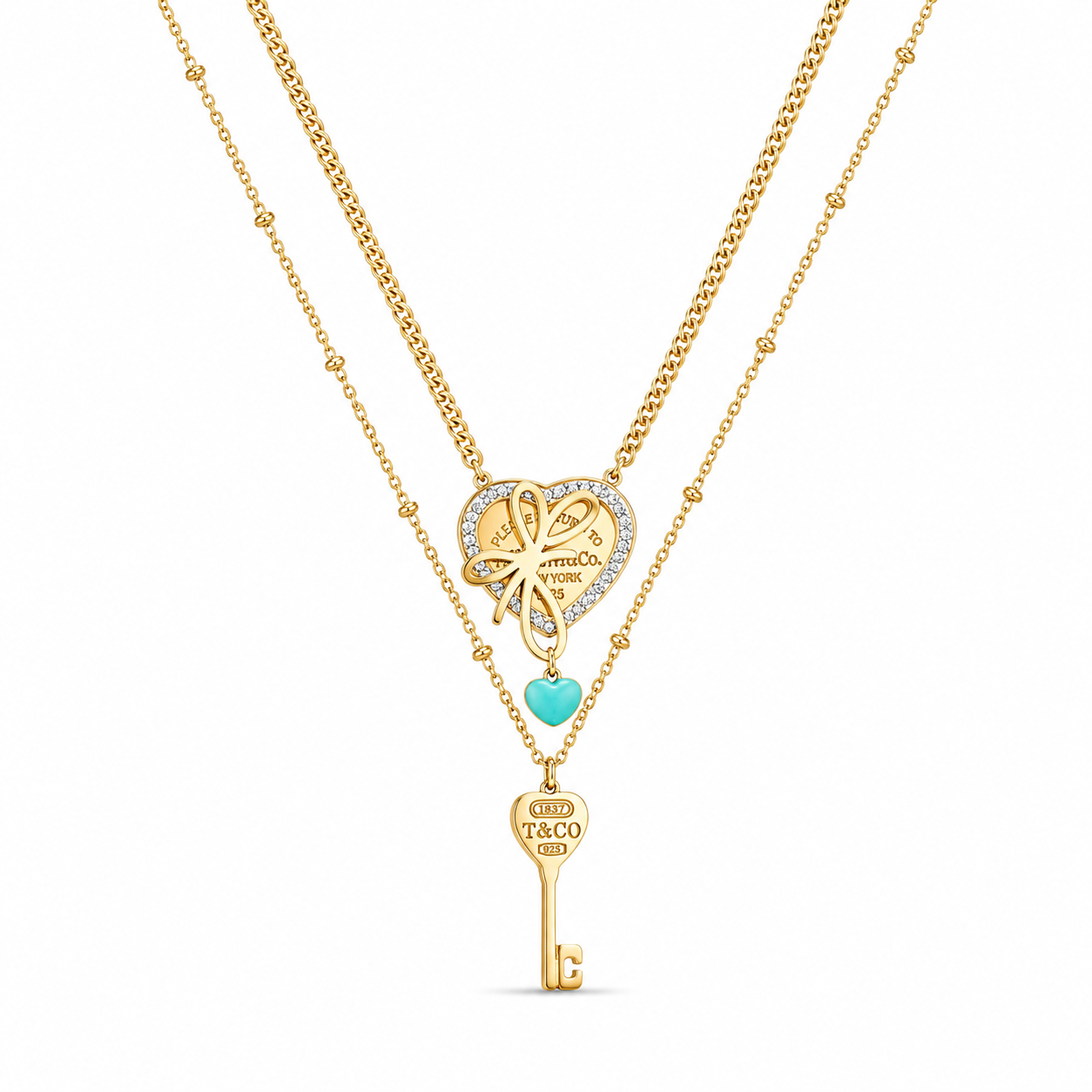 Gold Heart Charm Necklace with Key Pendant