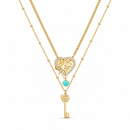 Gold Heart Charm Necklace with Key Pendant