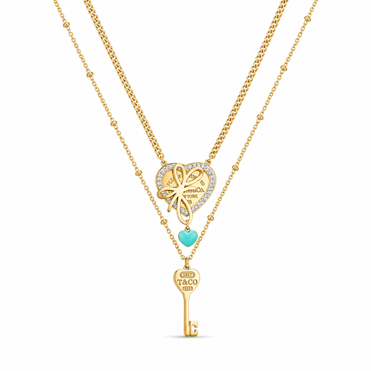 Gold Heart Charm Necklace with Key Pendant