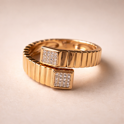 Gold Ribbed Square Crystal Ring