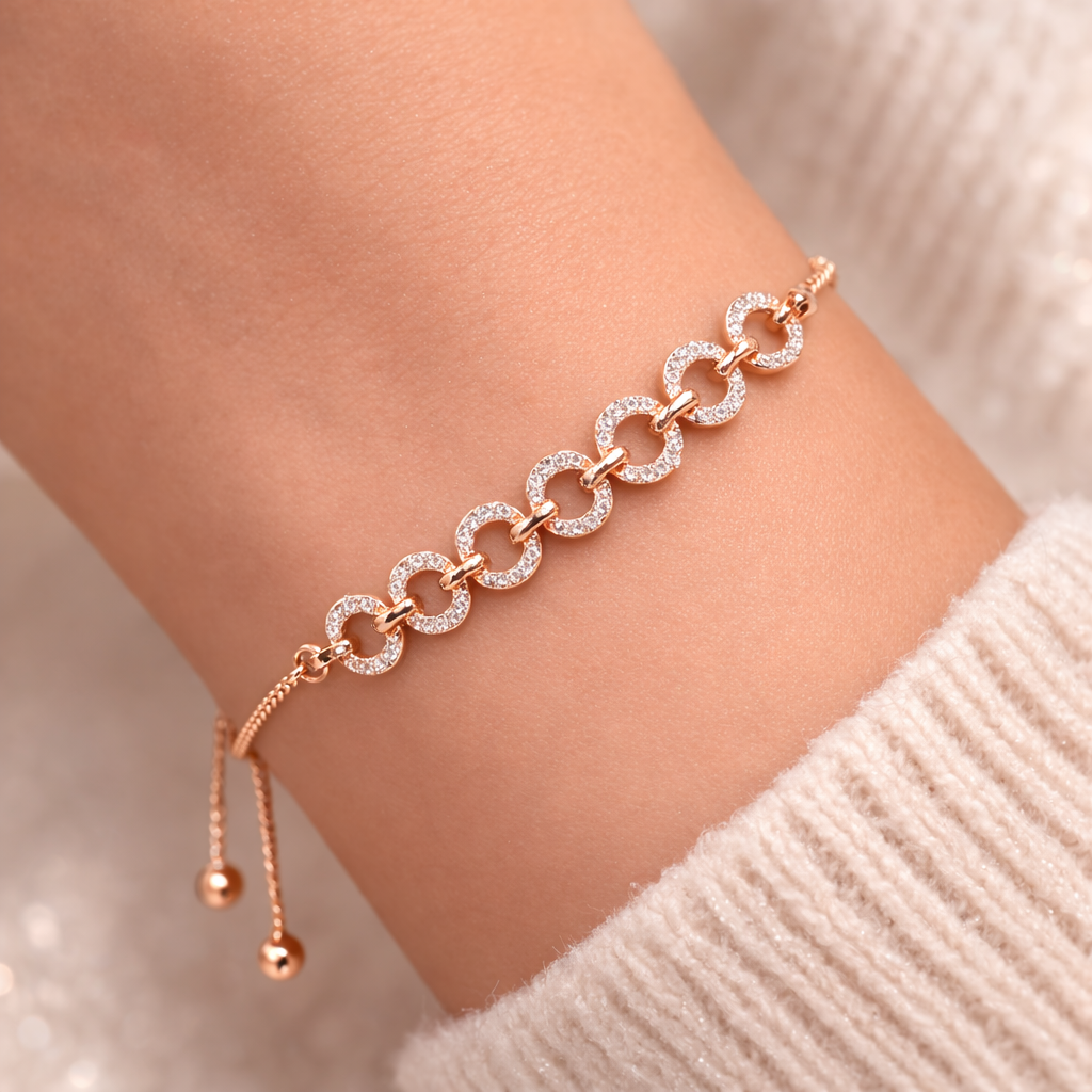Rose Gold CZ Circle Link Adjustable Bracelet