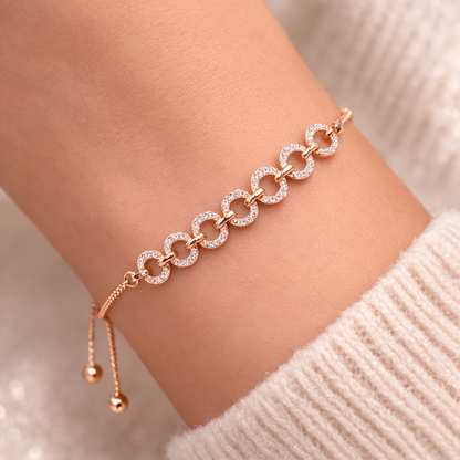 Rose Gold CZ Circle Link Adjustable Bracelet