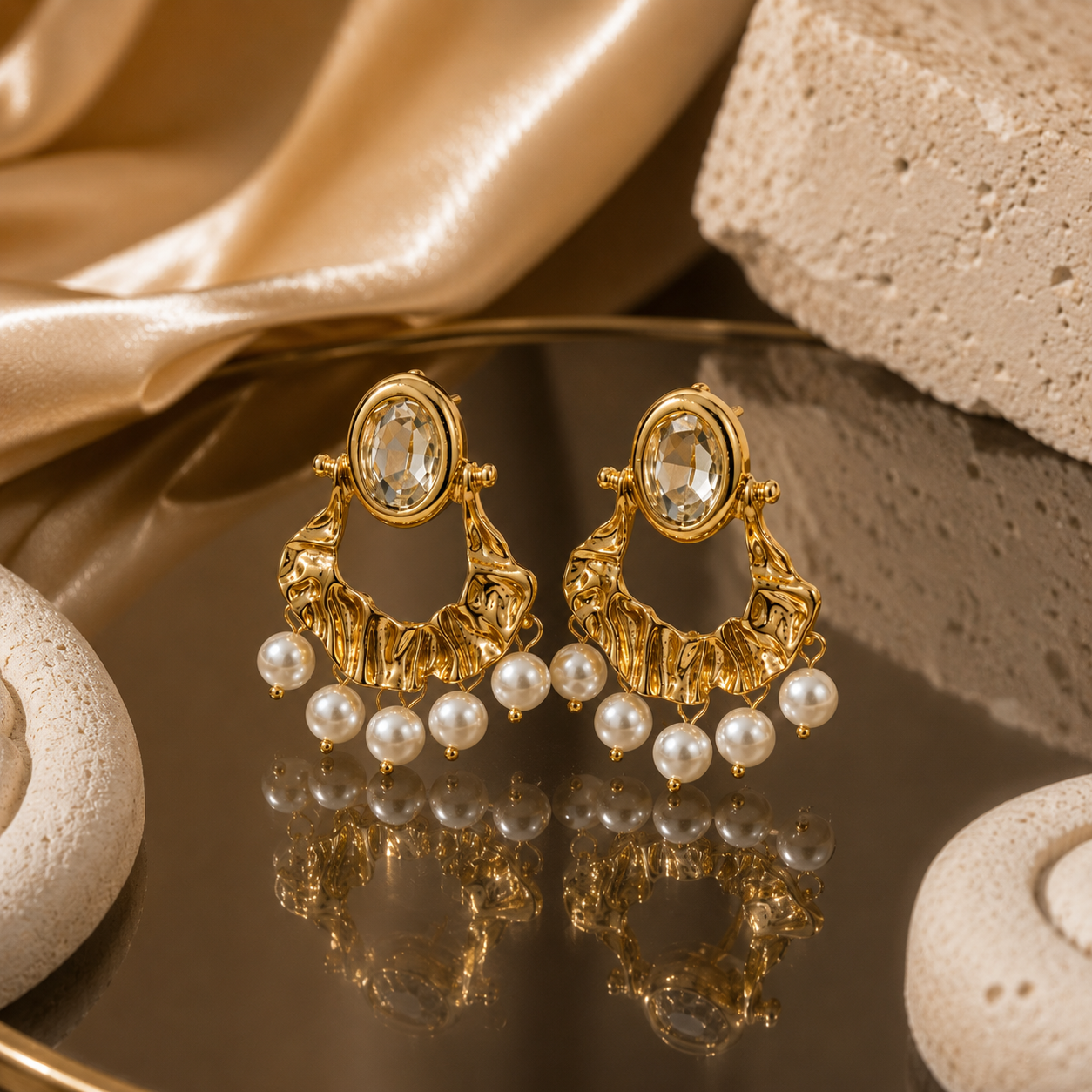 Gold Pearl Drop Statement Earrings