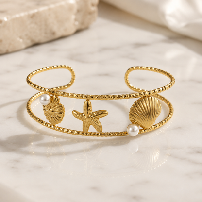 Pearl Seashell Starfish Gold Cuff Bracelet