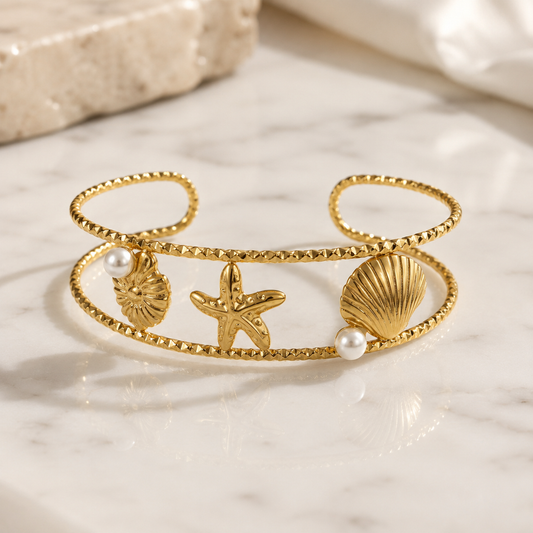 Pearl Seashell Starfish Gold Cuff Bracelet