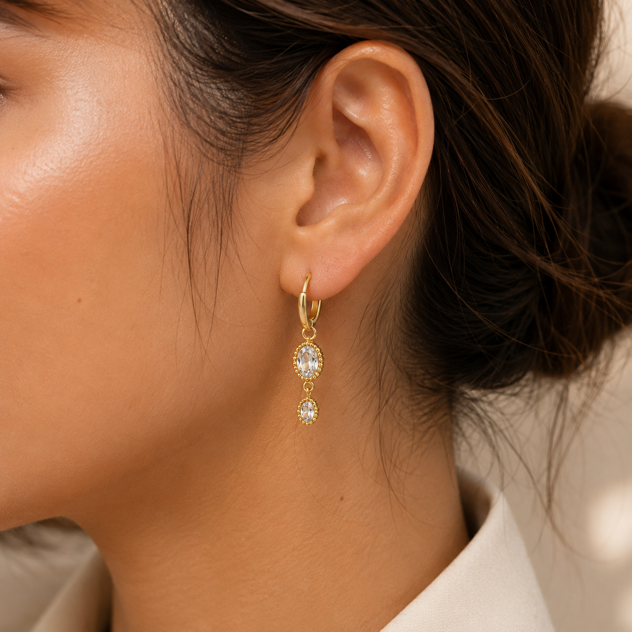 Gold Oval Crystal Drop Huggie Earrings