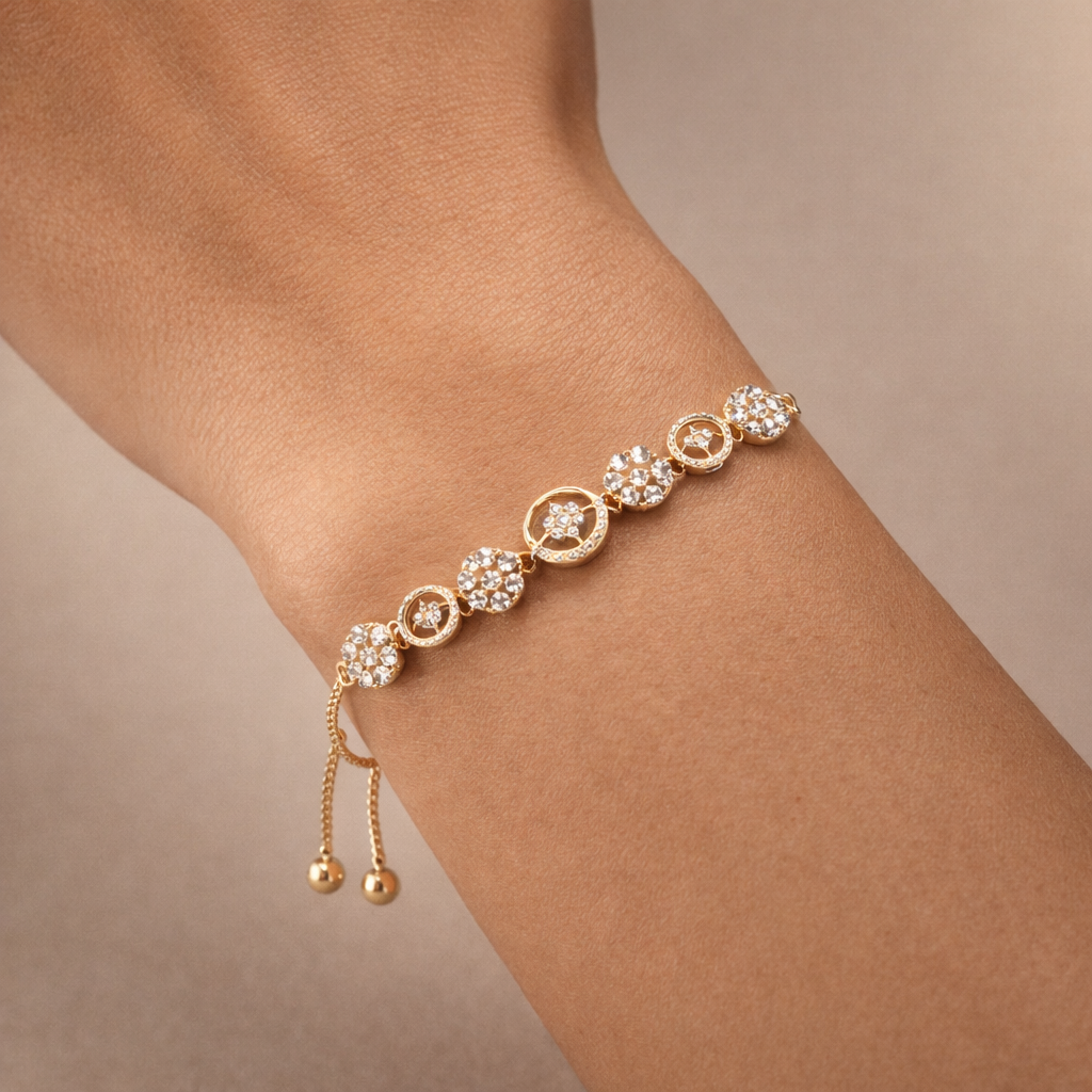 Gold Crystal Floral Charm Adjustable Bracelet