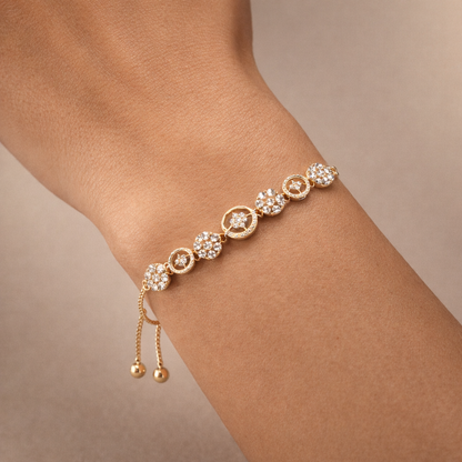 Gold Crystal Floral Charm Adjustable Bracelet