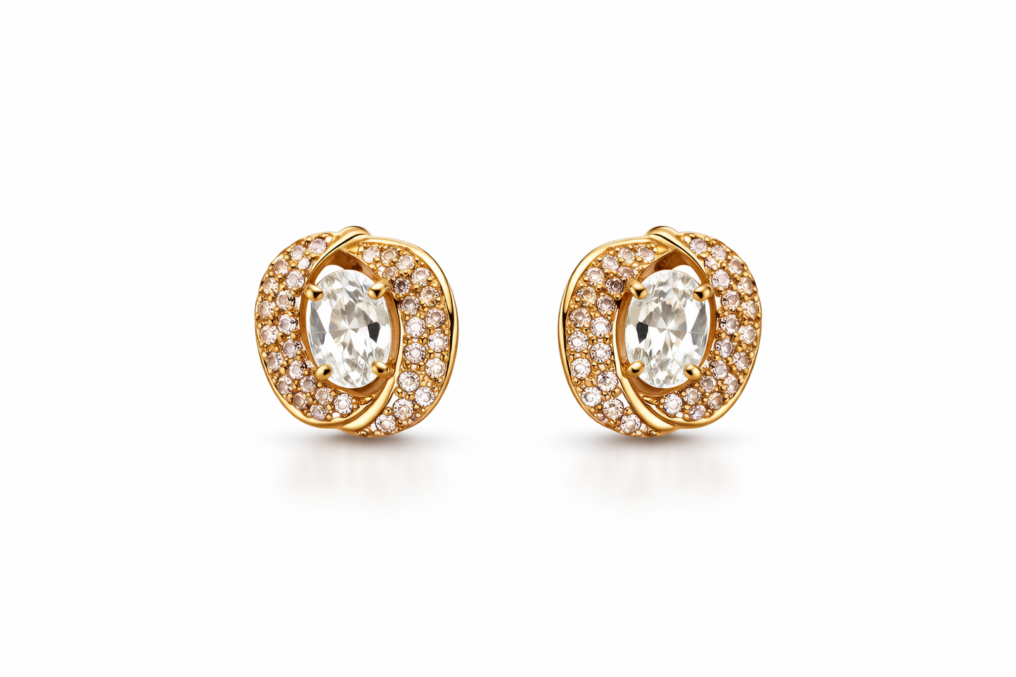 Gold Oval Crystal Halo Stud Earrings