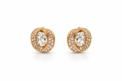 Gold Oval Crystal Halo Stud Earrings